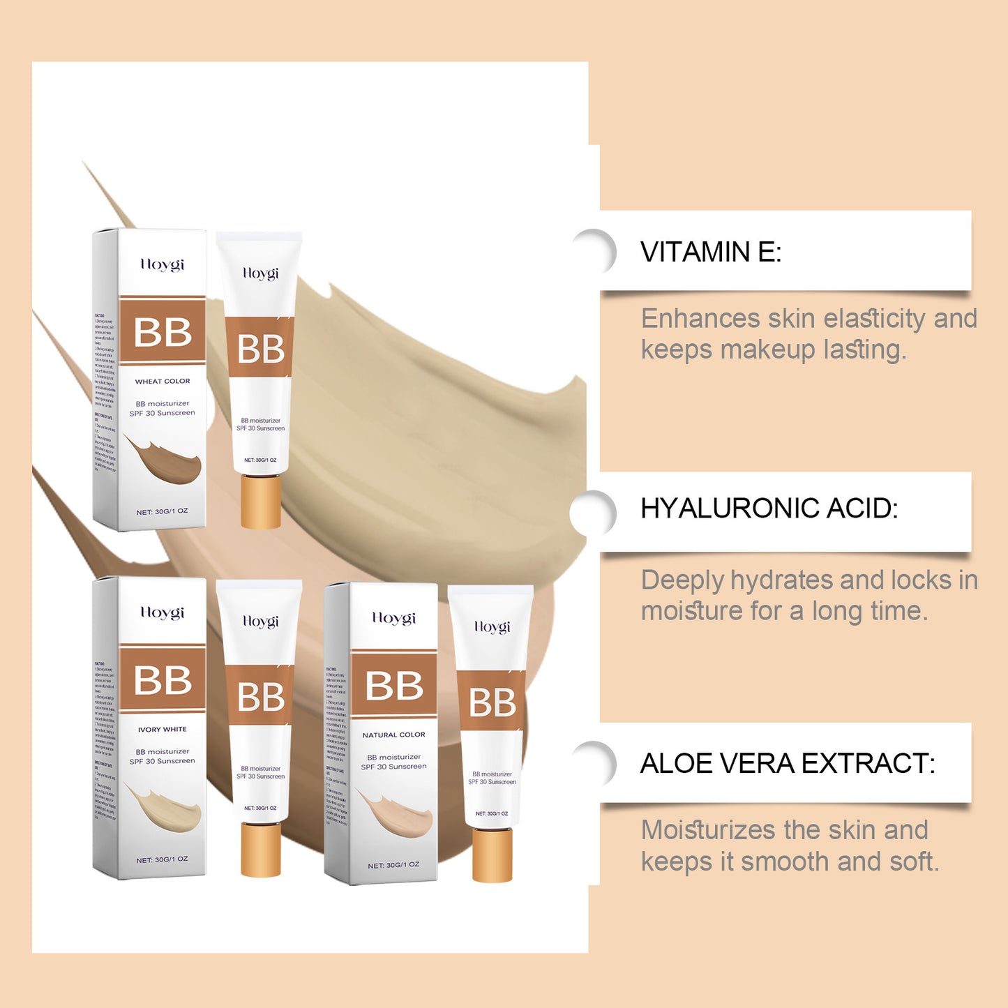 Protective BB Cream Concealer – Lightweight Liquid Foundation (30g) in Natural, Ivory, Wheat Shades