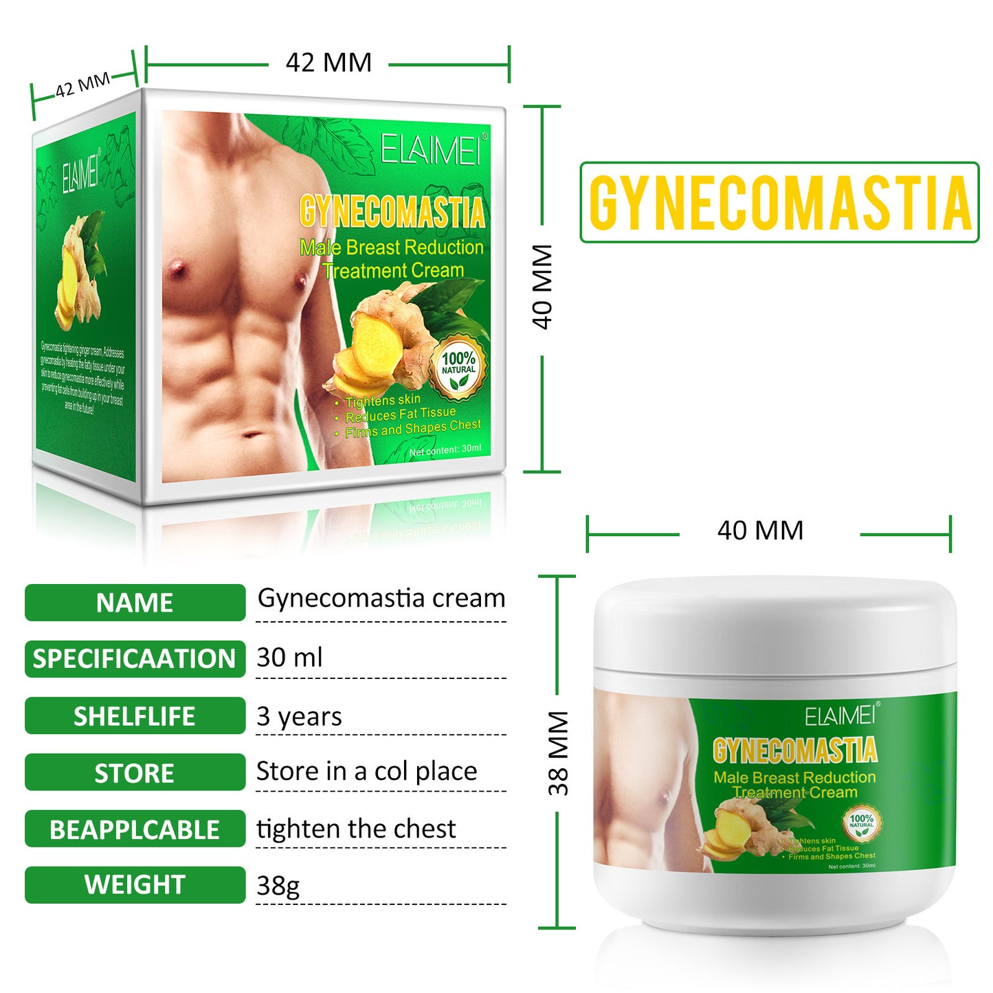 ELAIMEI Men's Gynecomastia Tightening Ginger Cream: Male Chest Fat Reduction & Firming Treatment (30ml)