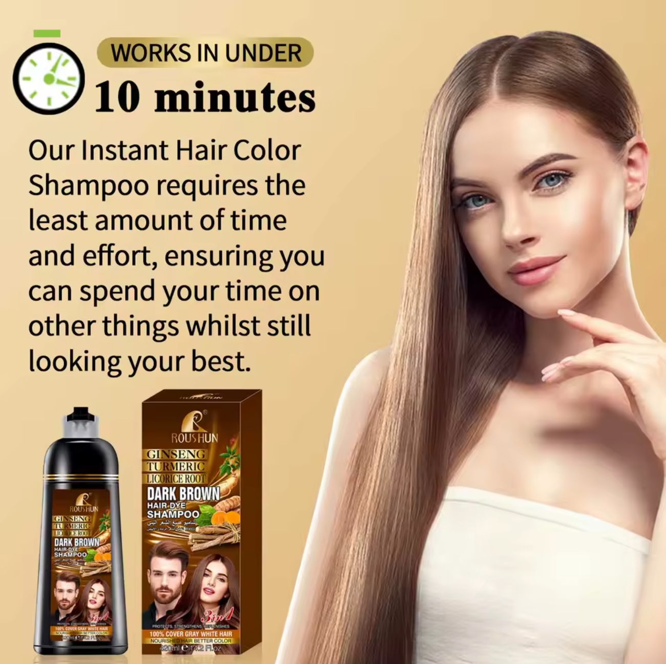 ROUSHUN Brown Hair Color Shampoo for Gray Hair Instant Hair Natural Long Lasting for Men and Women 14.2 Fl.Oz 420ml