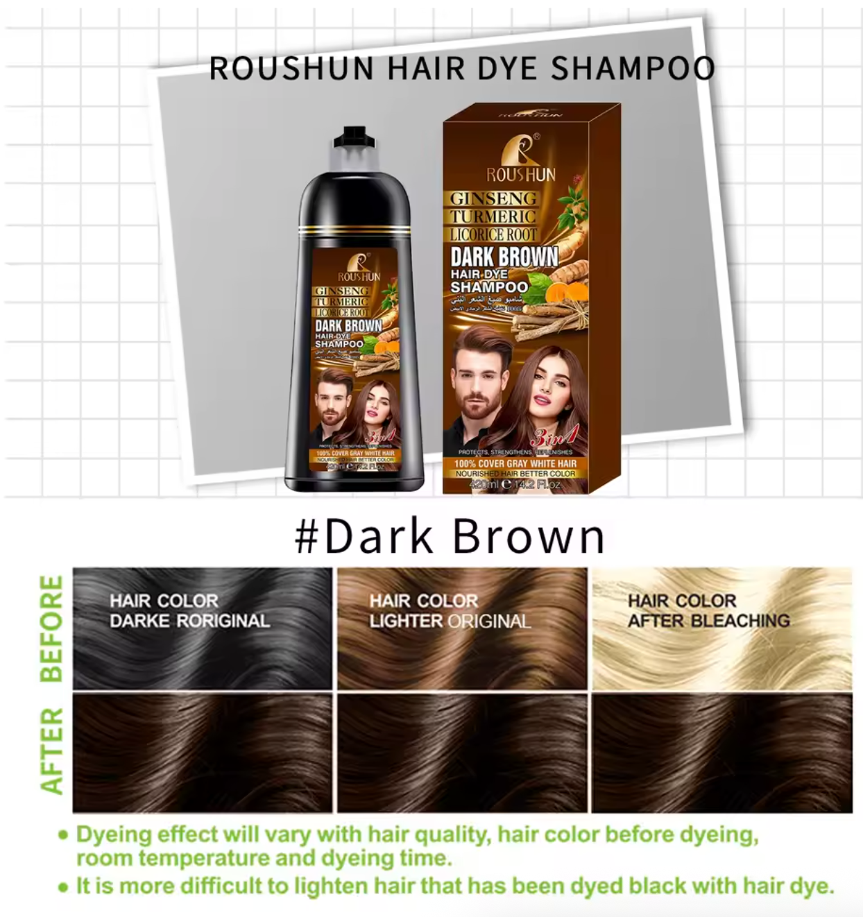 ROUSHUN Brown Hair Color Shampoo for Gray Hair Instant Hair Natural Long Lasting for Men and Women 14.2 Fl.Oz 420ml