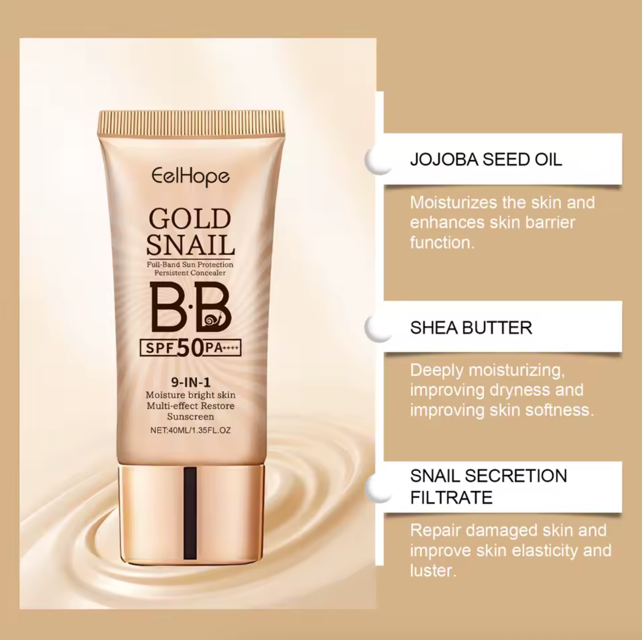 Gold Snail BB Cream Face Sunscreen Spf 50 Non-greasy Moisturizer Waterproof Skin UV Protection Refresh Sun Block Isolation Cream