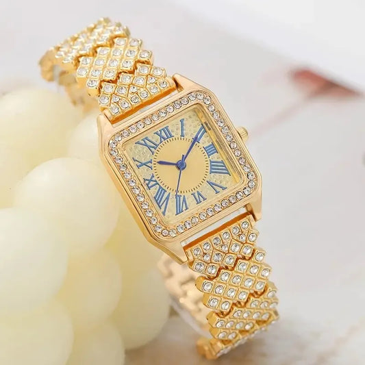 Fully Jeweled Small Square Watch and Bracelets Set - 6-Piece Set