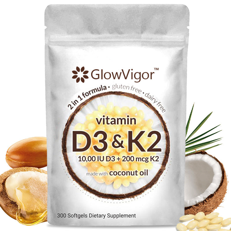 GlowVigor 2-in-1 Vitamin D3 K2 Supplement Softgel, 9999 IU VIT D3 200 MCG Vitamin K2, Free Of GMO, Gluten, Soy, Bone Health, Cardiovascular Health Support, Aiding In Calcium Absorption, 300 Pcs - ONLY USA