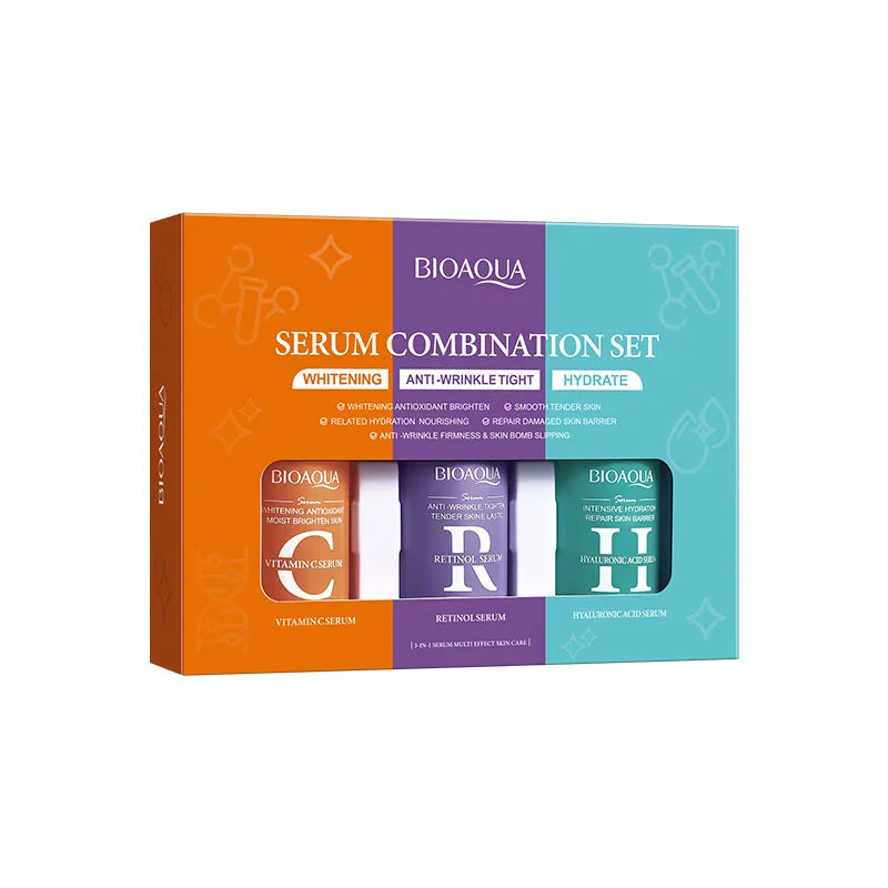 BIOAQUA Retinol, Vitamin C, Hyaluronic Acid Serum Set - Anti-Wrinkle, Skin Tone Balancing, Dark Spot Reducing, Moisturizing, Repairing 3-piece set