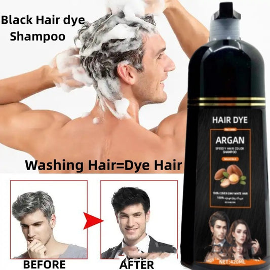 Argan Oil Fast Hair Dye Shampoo (420ml) – 5-Min Gray Coverage, Ammonia-Free Black Color