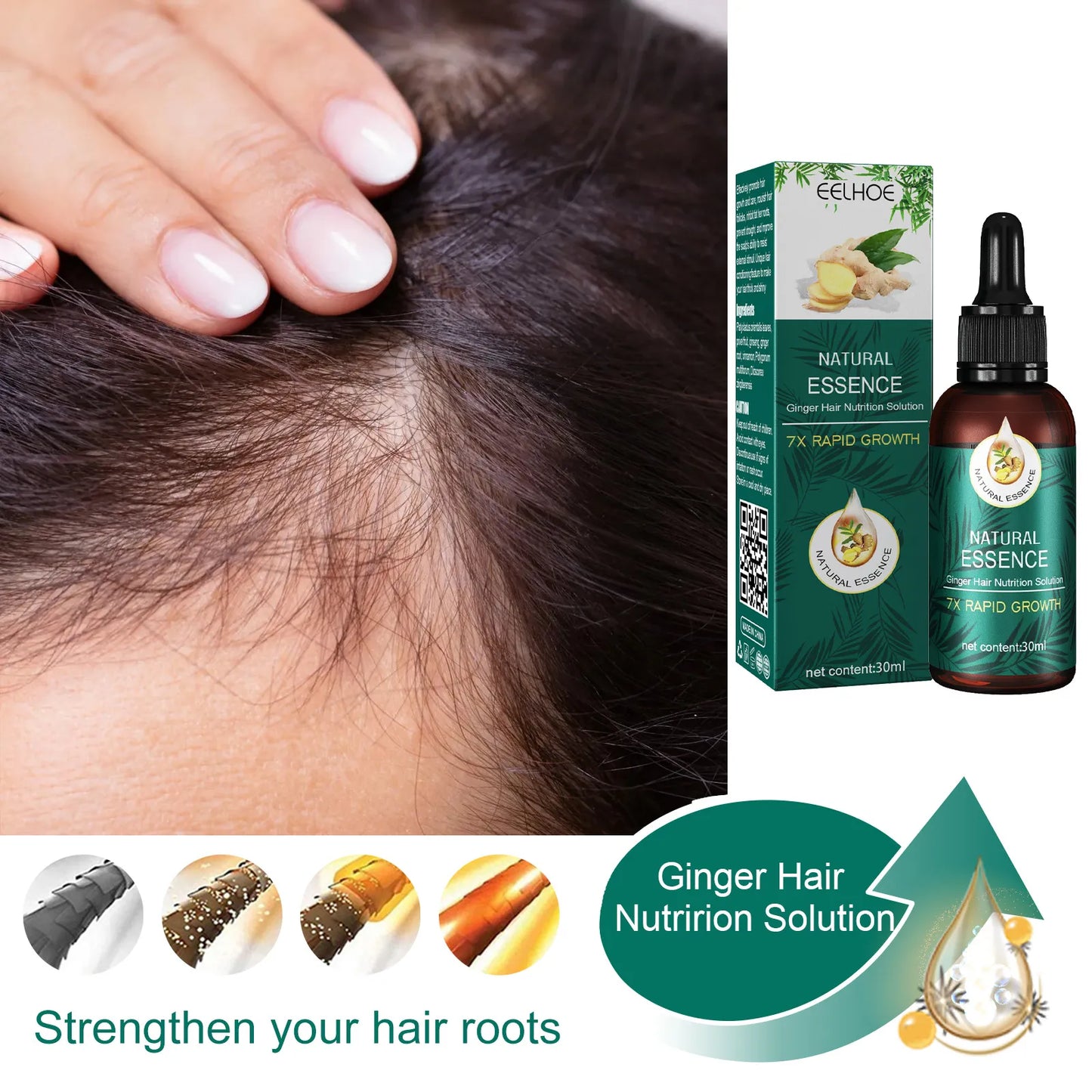 EELHOE Natural Essence Ginger Hair Care for Hair Loss - Restores Hair Follicles, Thicker Hair, 30ml - Buy 3, Pay for 2