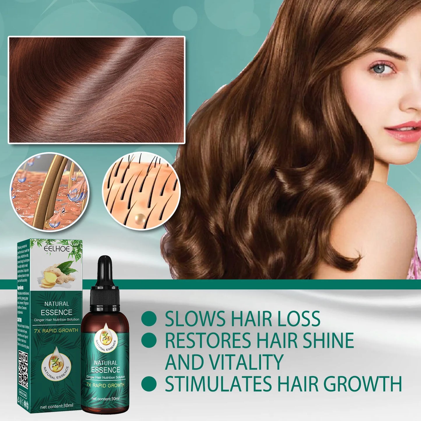 EELHOE Natural Essence Ginger Hair Care for Hair Loss - Restores Hair Follicles, Thicker Hair, 30ml - Buy 3, Pay for 2