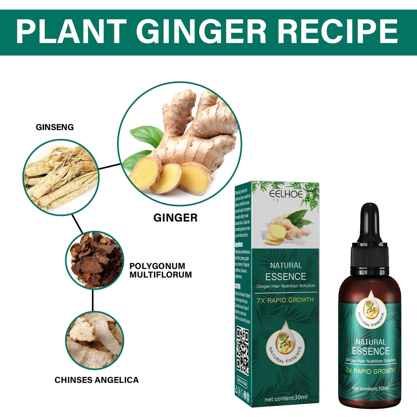 EELHOE Natural Essence Ginger Hair Care for Hair Loss - Restores Hair Follicles, Thicker Hair, 30ml - Buy 3, Pay for 2