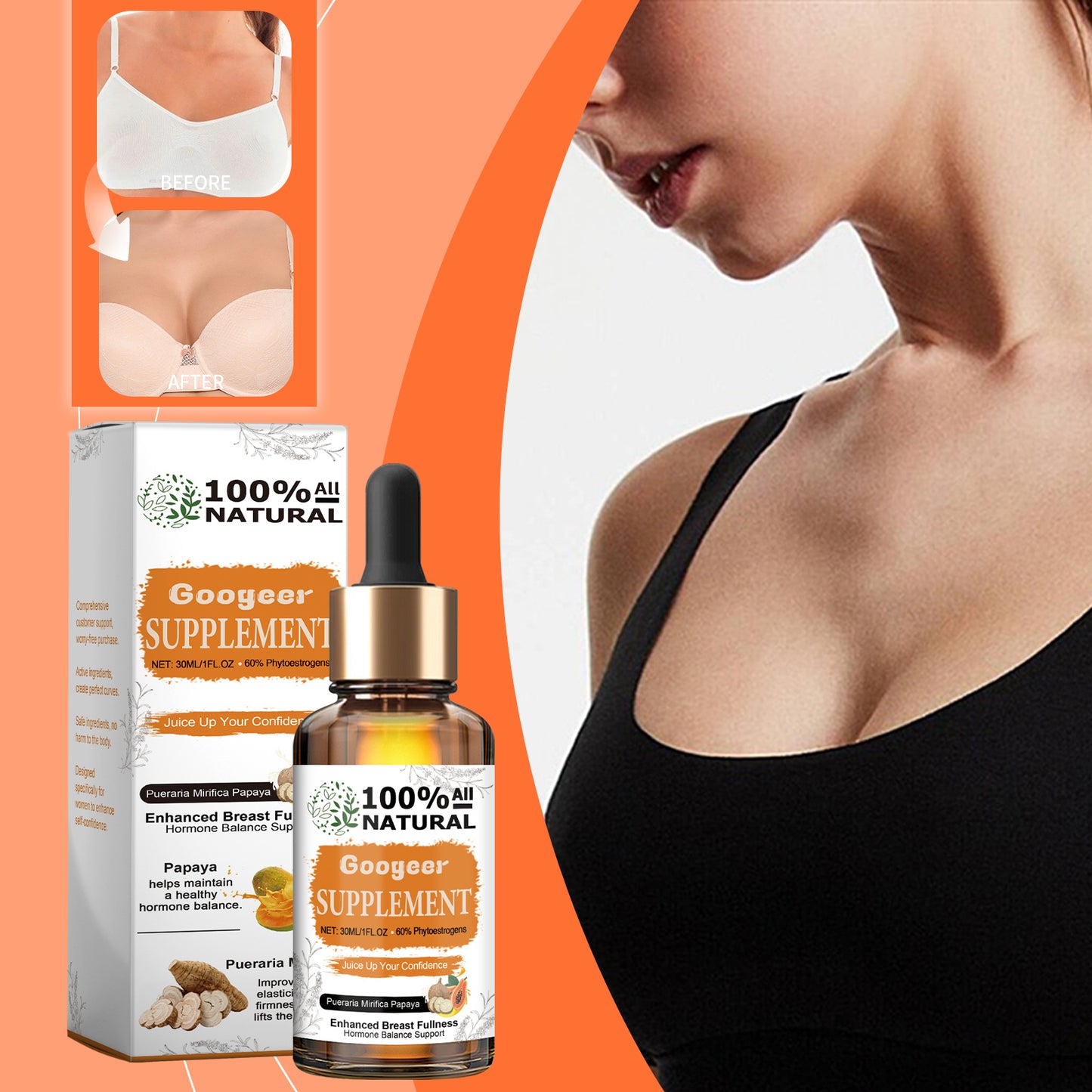 Googeer Pueraria Mirifica Papaya Supplement - Breast Fullness, Skin Health, Boosts Energy Levels, Hormone Balance