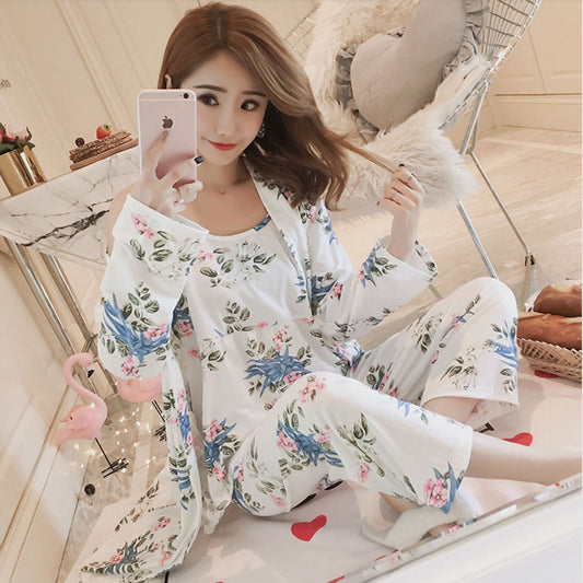 Korean Style Milk Silk Long Sleeve 3-Piece Pajama Set - Women’s Autumn Japanese-Inspired Loungewear