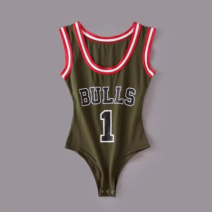 Women's Sports Suspender Jumpsuit - Bulls Basketball Jersey Design