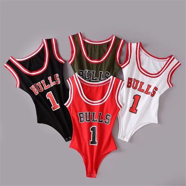 Women's Sports Suspender Jumpsuit - Bulls Basketball Jersey Design