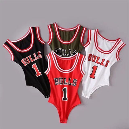Women's Sports Suspender Jumpsuit - Bulls Basketball Jersey Design
