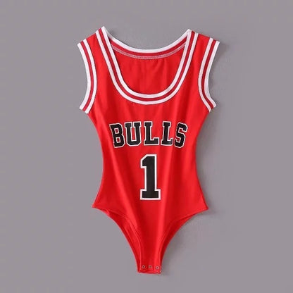 Women's Sports Suspender Jumpsuit - Bulls Basketball Jersey Design