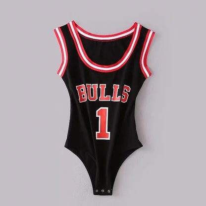 Women's Sports Suspender Jumpsuit - Bulls Basketball Jersey Design
