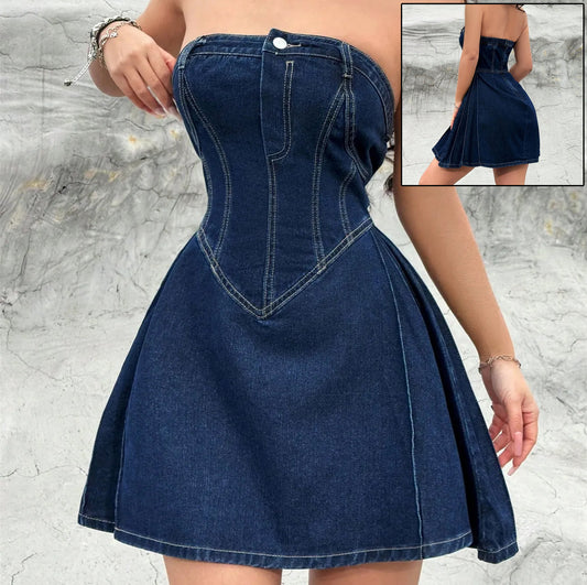 Women's Summer Off-shoulder Low Collar Sexy Fishbone Waist Tight Denim Dress Strapless Sexy Dress Trend Skinny Hipster Party Clubwear Y2K Bodycon