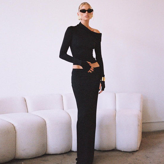 Irregular Long Sleeve Top Sheath Slim-fit Mid-length Skirt Two-piece Suit