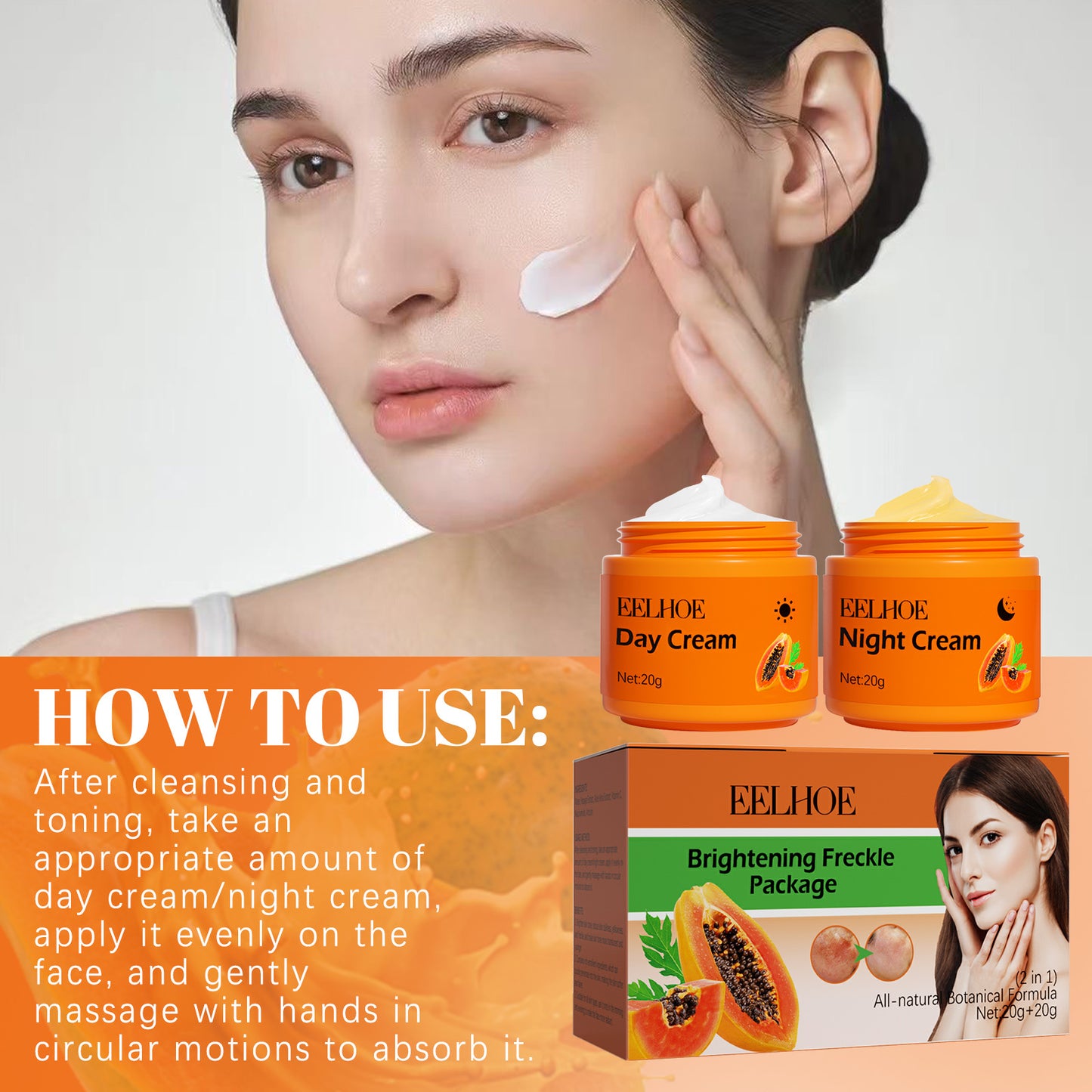 Crema blanqueadora de papaya EELHOE para pecas. Disminuye las pecas y manchas oscuras, y mejora la luminosidad e hidratación de la piel. Crema de día y de noche.