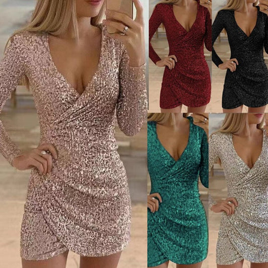 Product Name (Ürün Adı - Belirlenen):Dazzling V-Neck Long Sleeve Sequin Slit Evening Dress