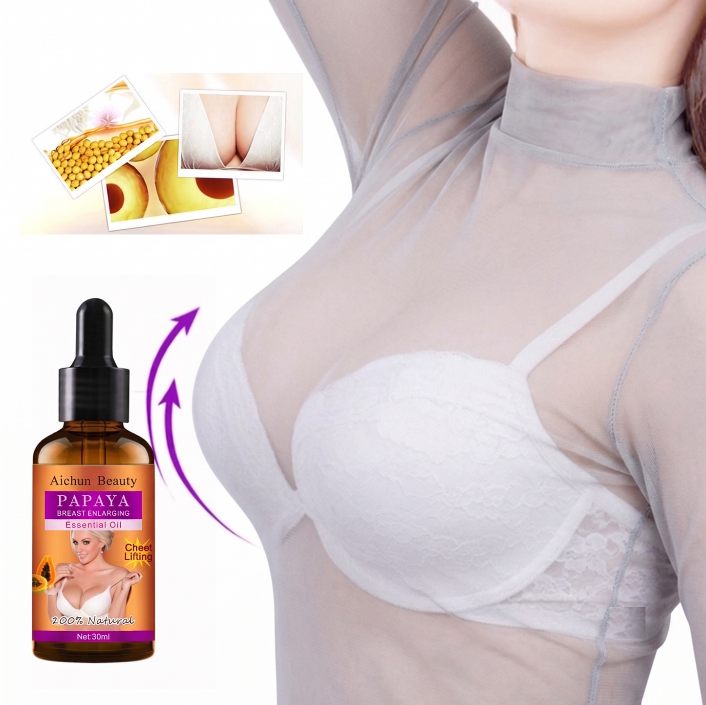 Aichun Beauty Premium Papaya Breast Firming & Lifting Oil - Natural Bust Contouring, Elasticity Boosting & Smoothing Care (30ml)