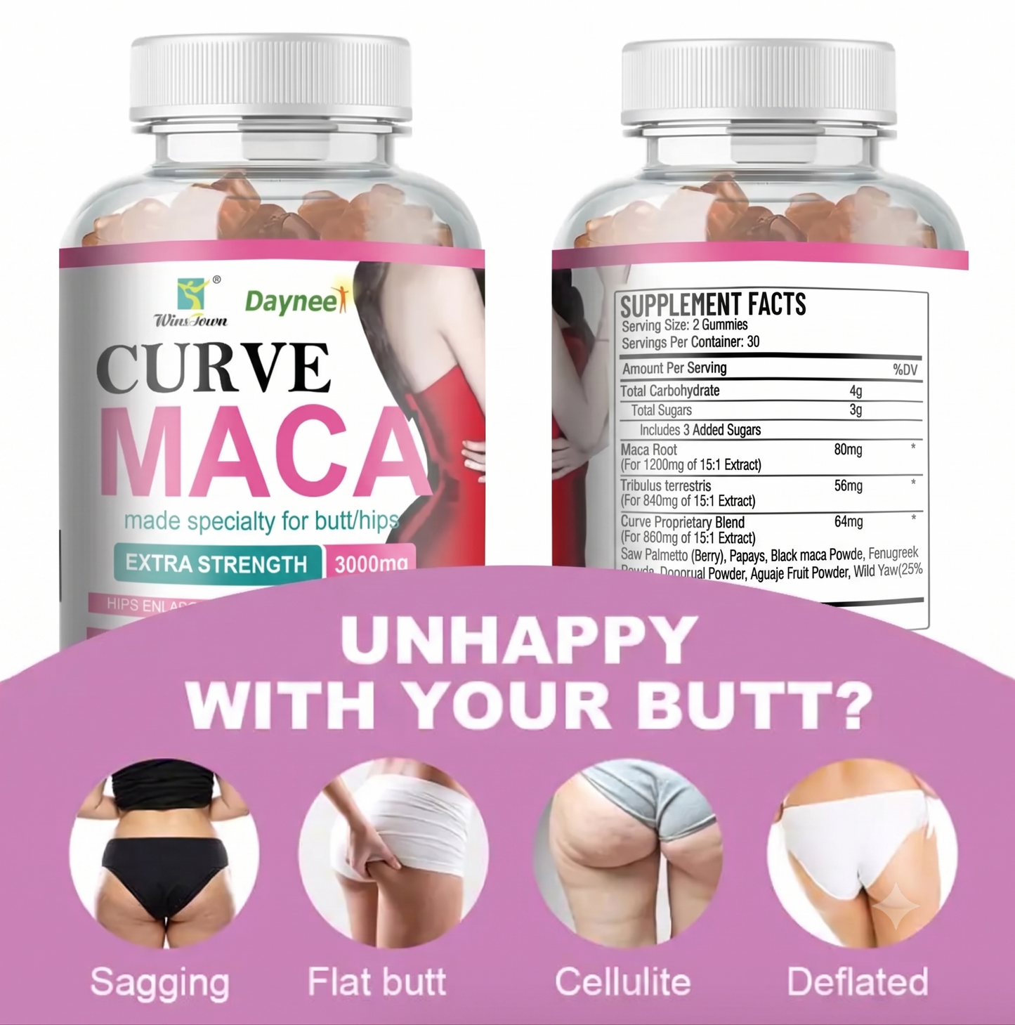 Daynee Curve Maca 3000mg Extra Strength Gummies - Premium Lower Body Sculpting, Booty Toning & Ultimate Hip Firming Supplement (60 Vegan Gummies)