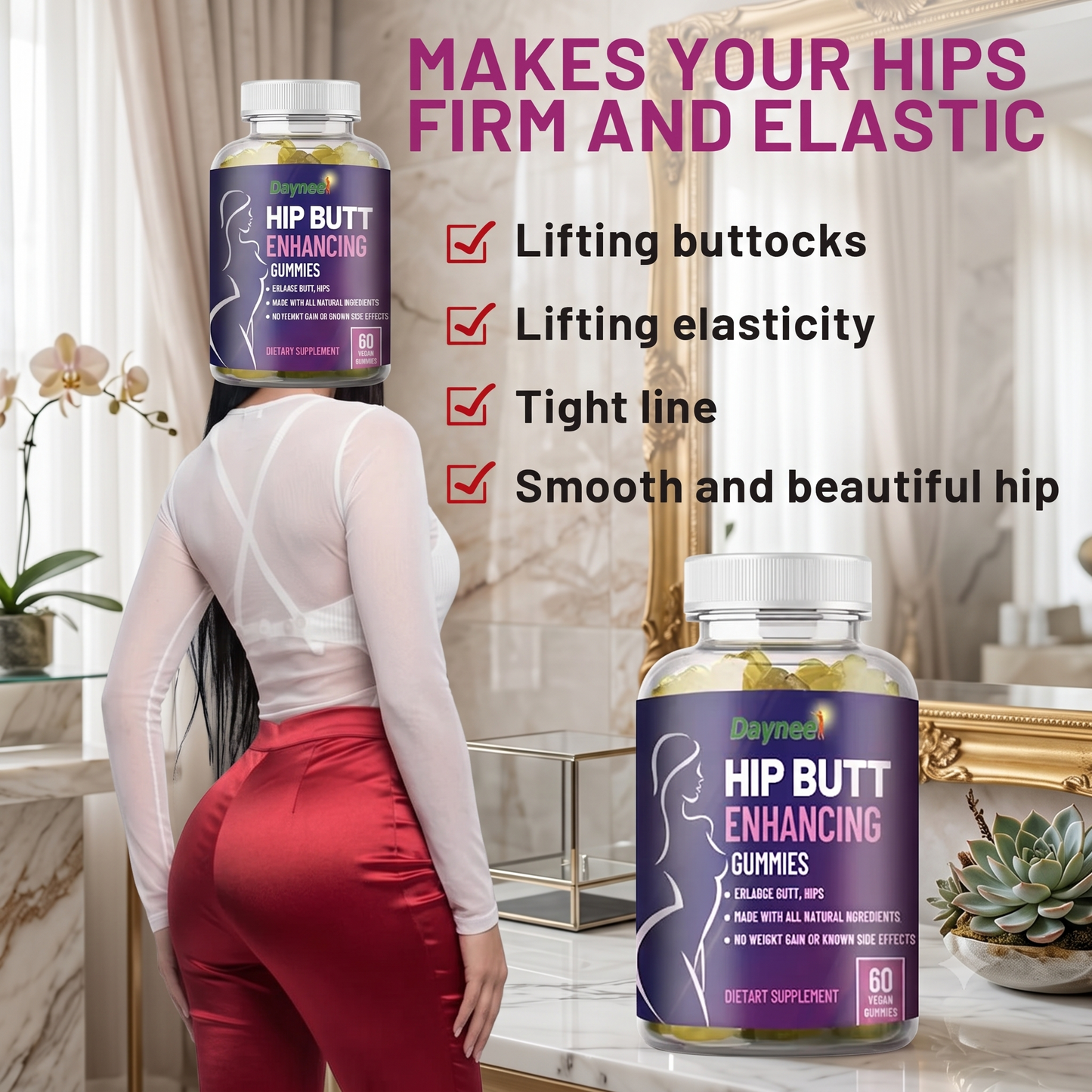 Daynee Premium Hip & Butt Enhancing Gummies - Advanced Muscle Growth, Lower Body Plumping & Booty Lifting Formula (60 Vegan Gummies)