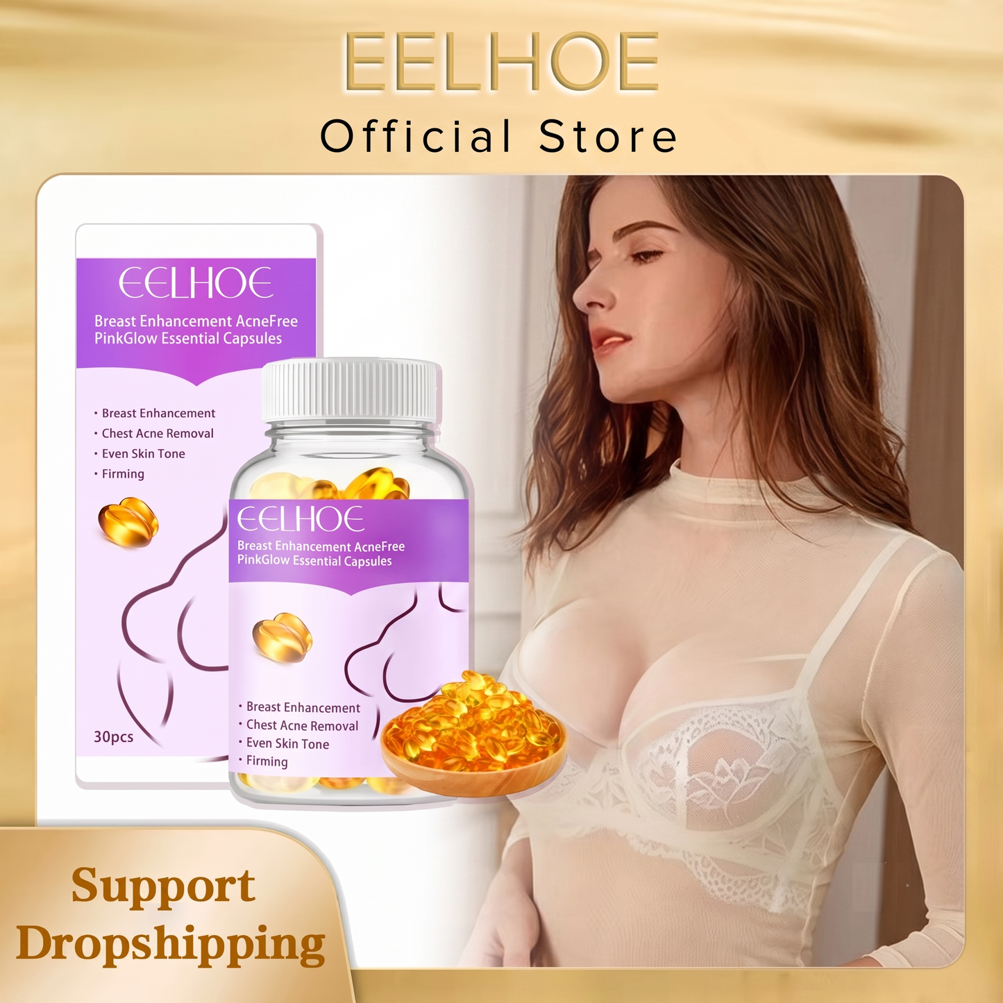 EELHOE Vitamin E-Activated Breast Firming & Lifting Essential Oil Capsules - Natural Bust Contouring, Elasticity Boosting & Sagging Defense Treatment (30pcs)