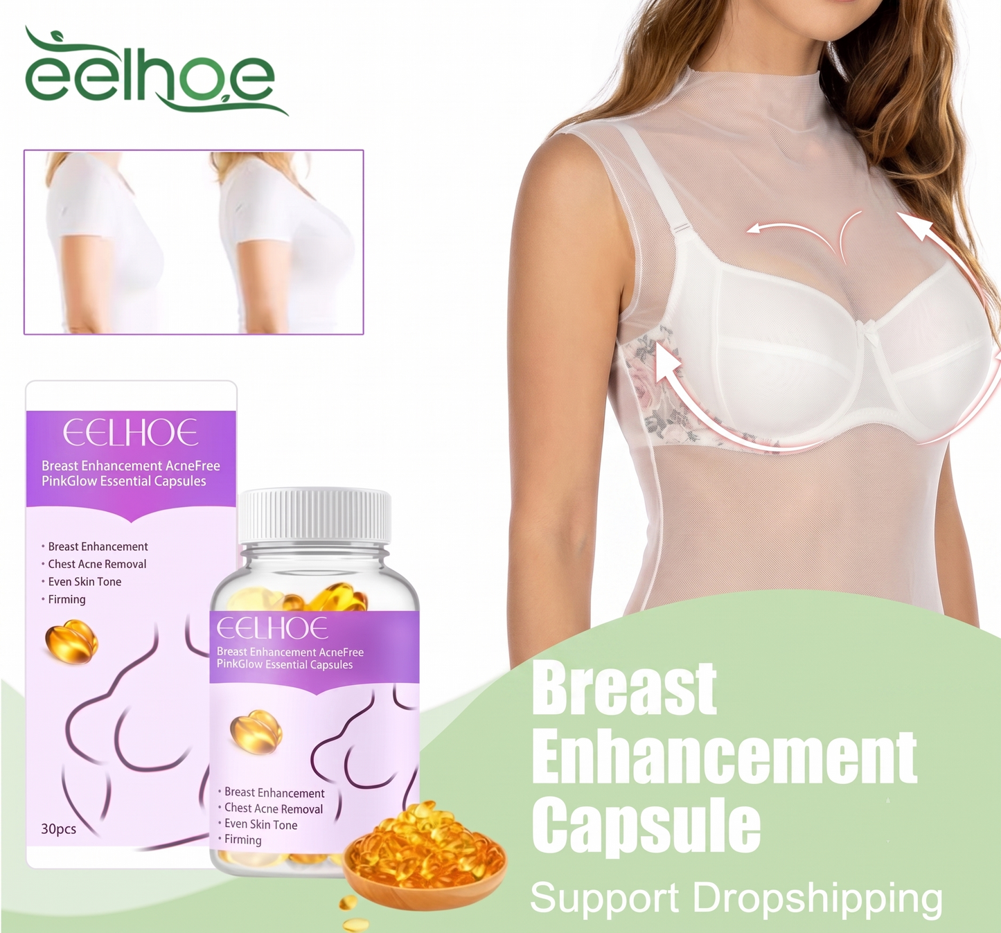 EELHOE Vitamin E-Activated Breast Firming & Lifting Essential Oil Capsules - Natural Bust Contouring, Elasticity Boosting & Sagging Defense Treatment (30pcs)