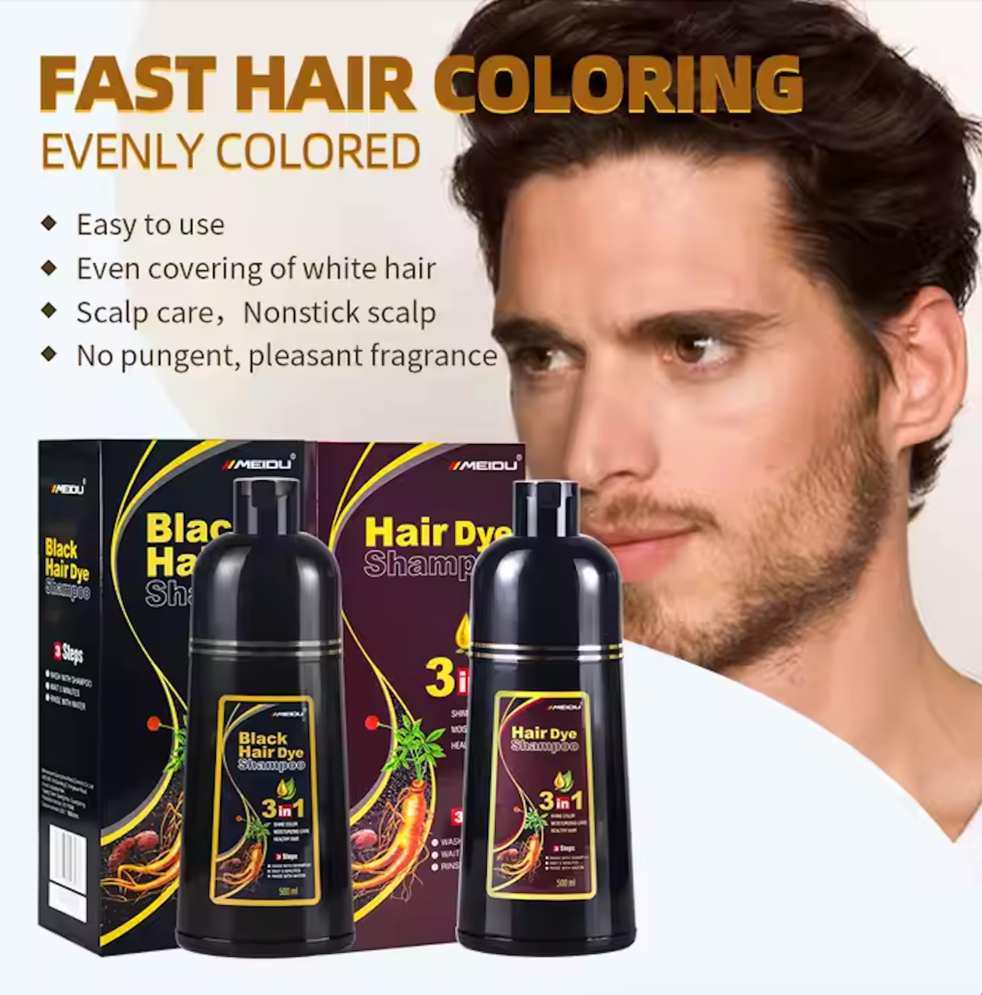 MEIDU 3-in-1 White To Black Hair Dye Shampoo – Natural Herbal Black Hair Color & Conditioner