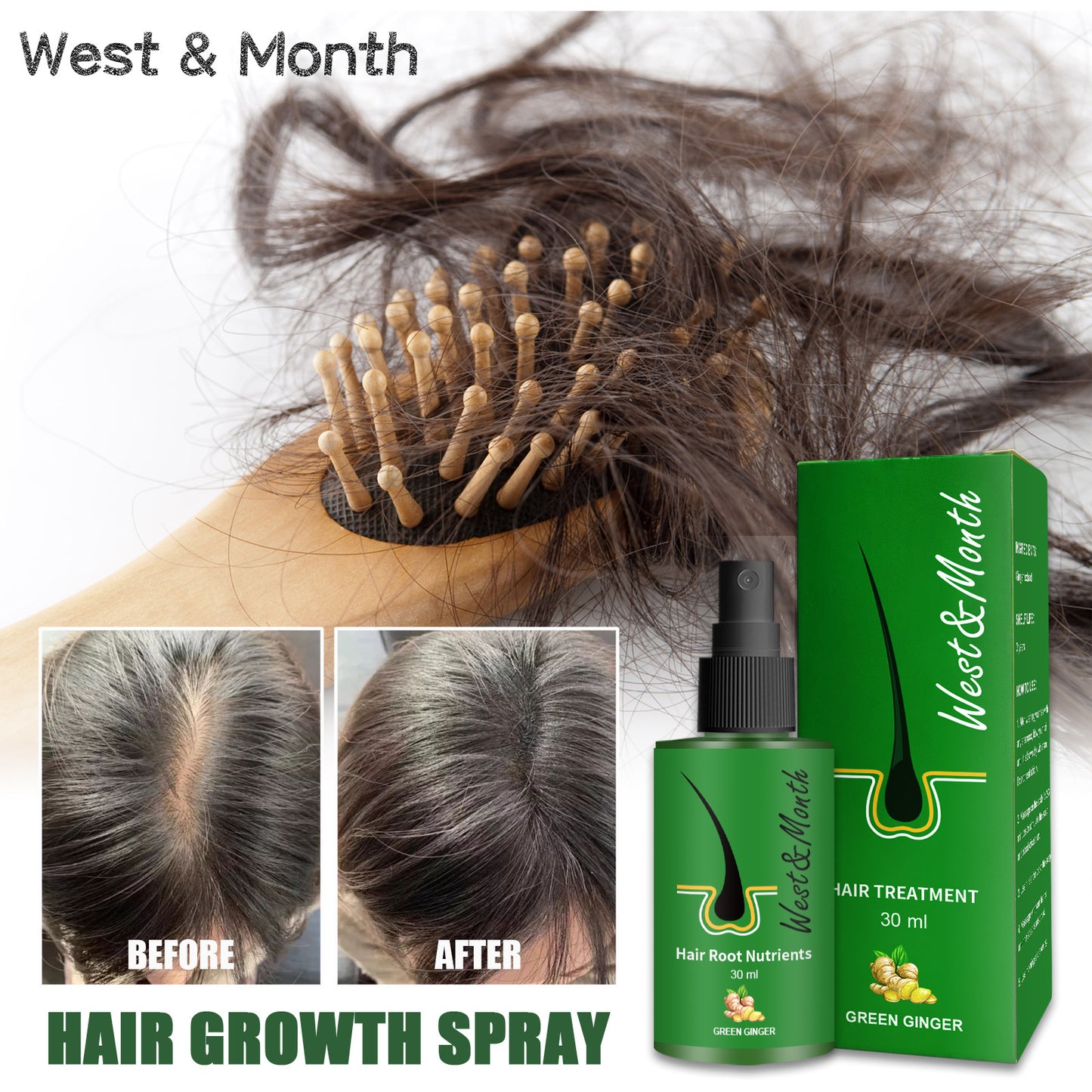 Suero para el crecimiento del cabello a base de hierbas con extracto de jengibre de WEST &amp; MONTH: fórmula anticaída del cabello: compre 3 y pague 2