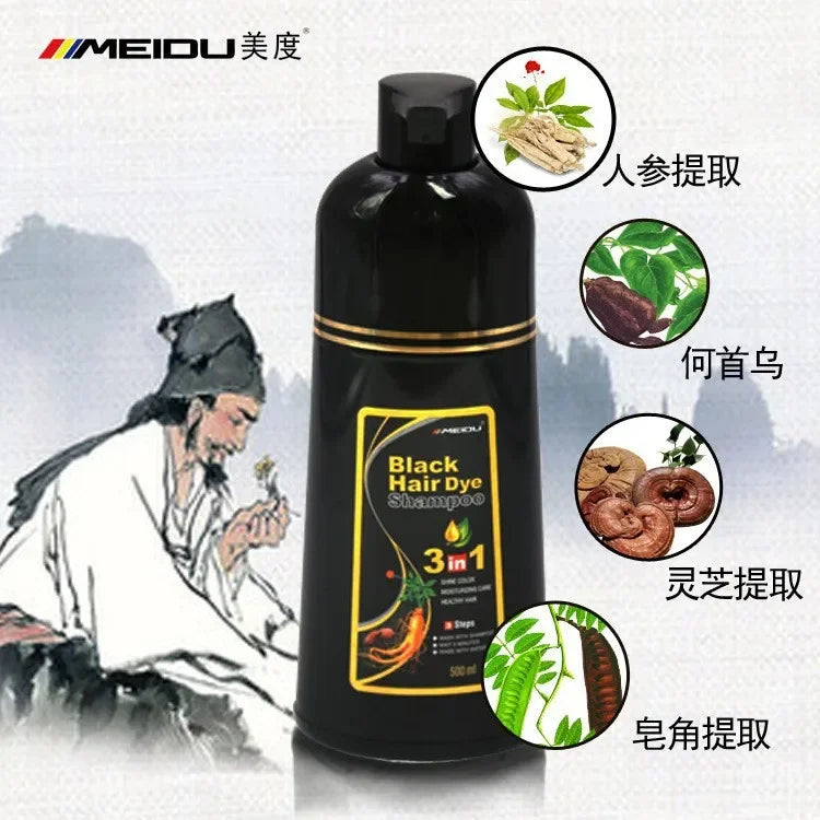 MEIDU 500ml One black hair dye shampoo white to black Dyeing and fixing hair color plant bubble hair dye cream Self dyeing at home