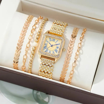 Fully Jeweled Small Square Watch and Bracelets Set - 6-Piece Set