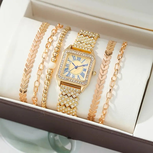 Fully Jeweled Small Square Watch and Bracelets Set - 6-Piece Set