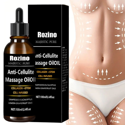 Rozino Anti-Cellulite Massage Oil – Collagen & Stem Cell Body Sculpting Solution for Firm, Smooth Skin (Natural Herbal Extracts)