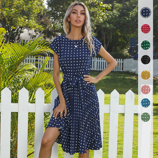 Summer New Style European and American Mid-Length Polka Dot Round Neck Short Sleeve