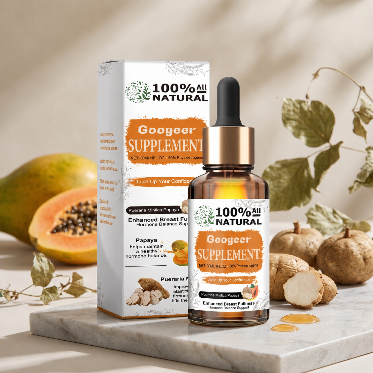 Googeer Pueraria Mirifica Papaya Supplement - Premium Breast Fullness, Skin Elasticity & Hormone Balance Support Drops (30ml)