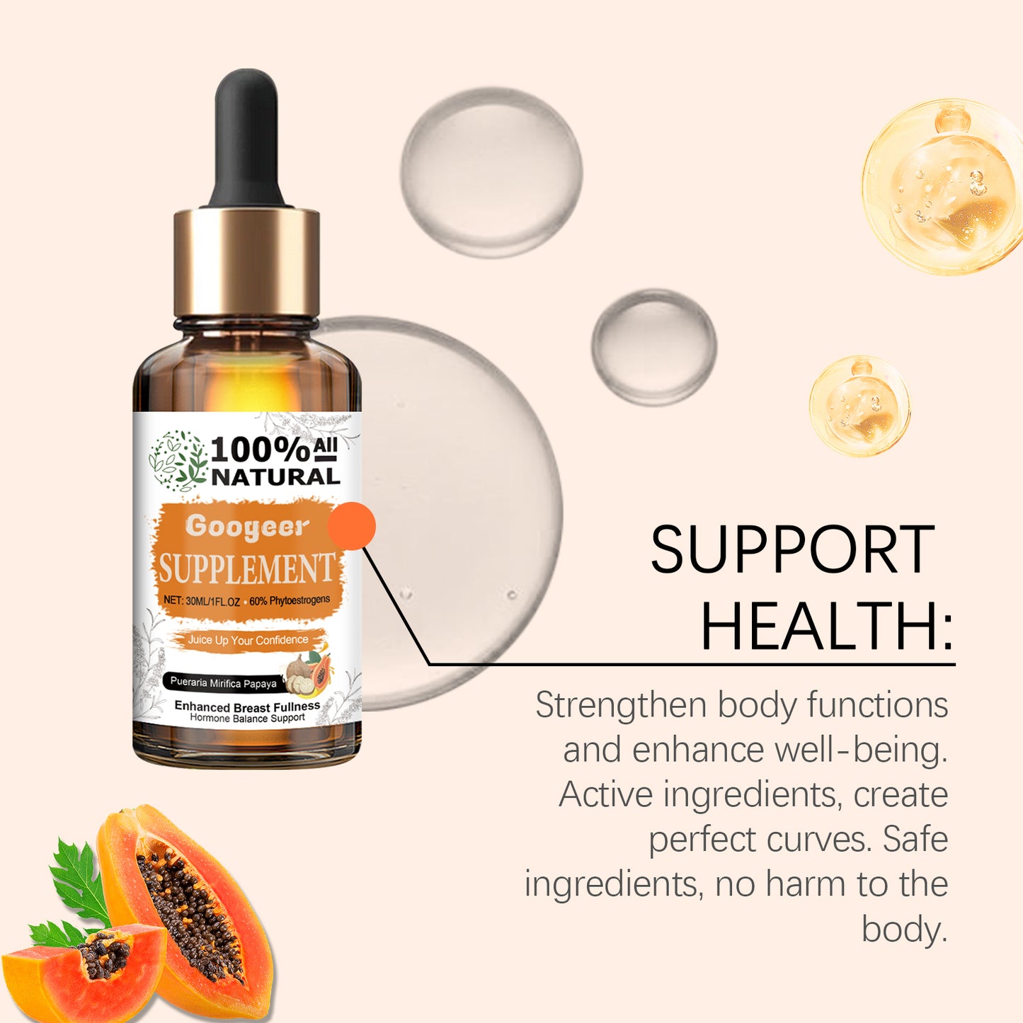 Googeer Pueraria Mirifica Papaya Supplement - Premium Breast Fullness, Skin Elasticity & Hormone Balance Support Drops (30ml)