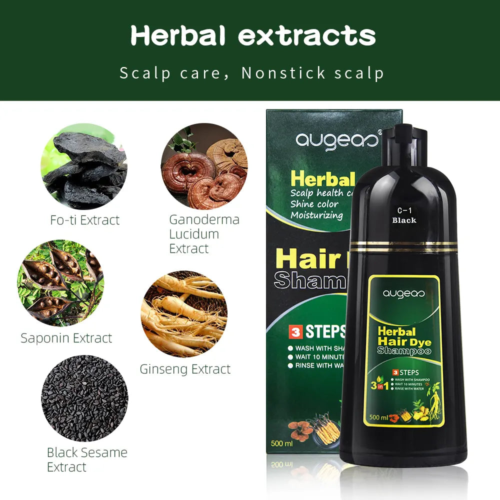 AUGEAU Herbal Hair Dye Shampoo (500ml) – Ammonia-Free, Vegan, Easy Coloring & Nourishing