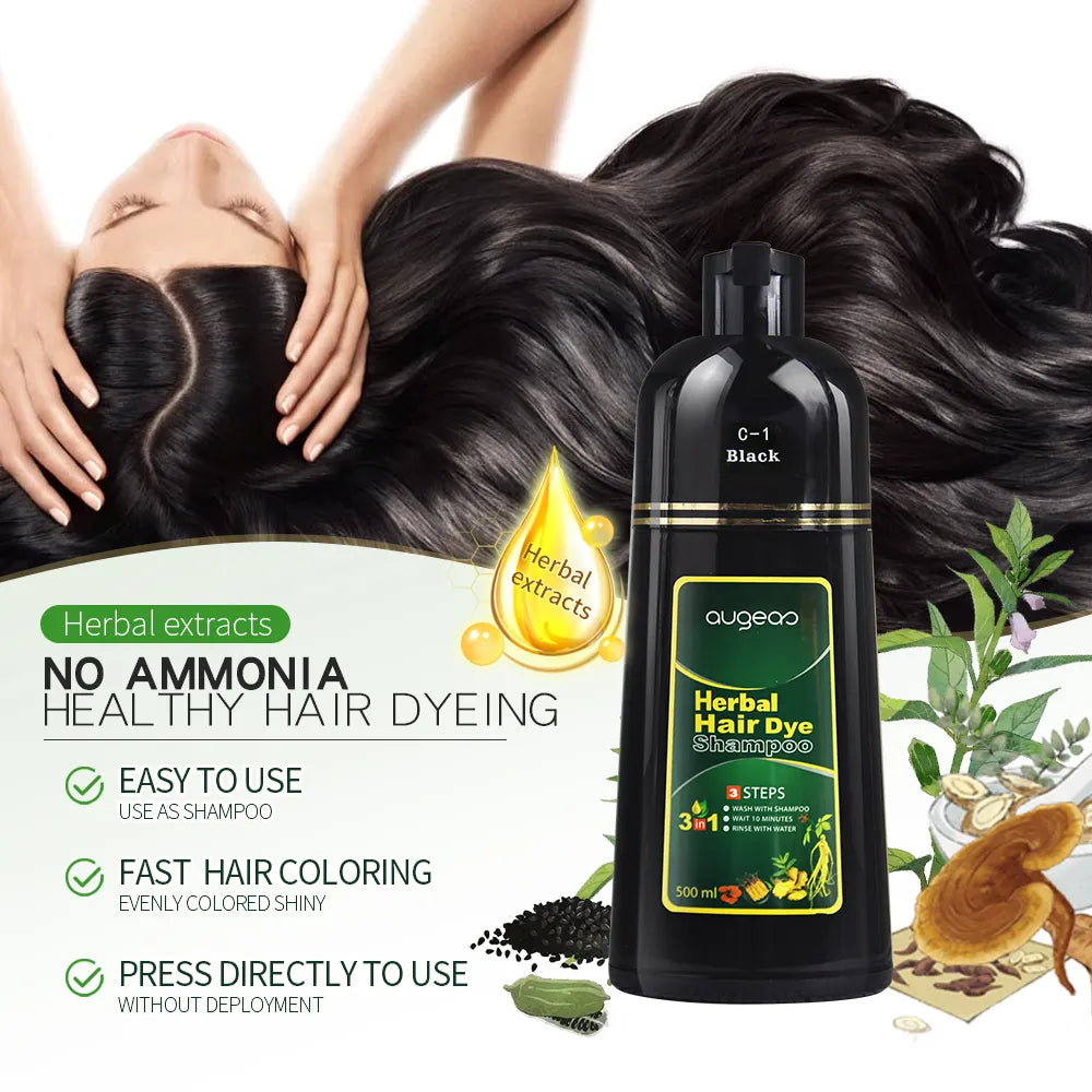 AUGEAU Herbal Hair Dye Shampoo (500ml) – Ammonia-Free, Vegan, Easy Coloring & Nourishing
