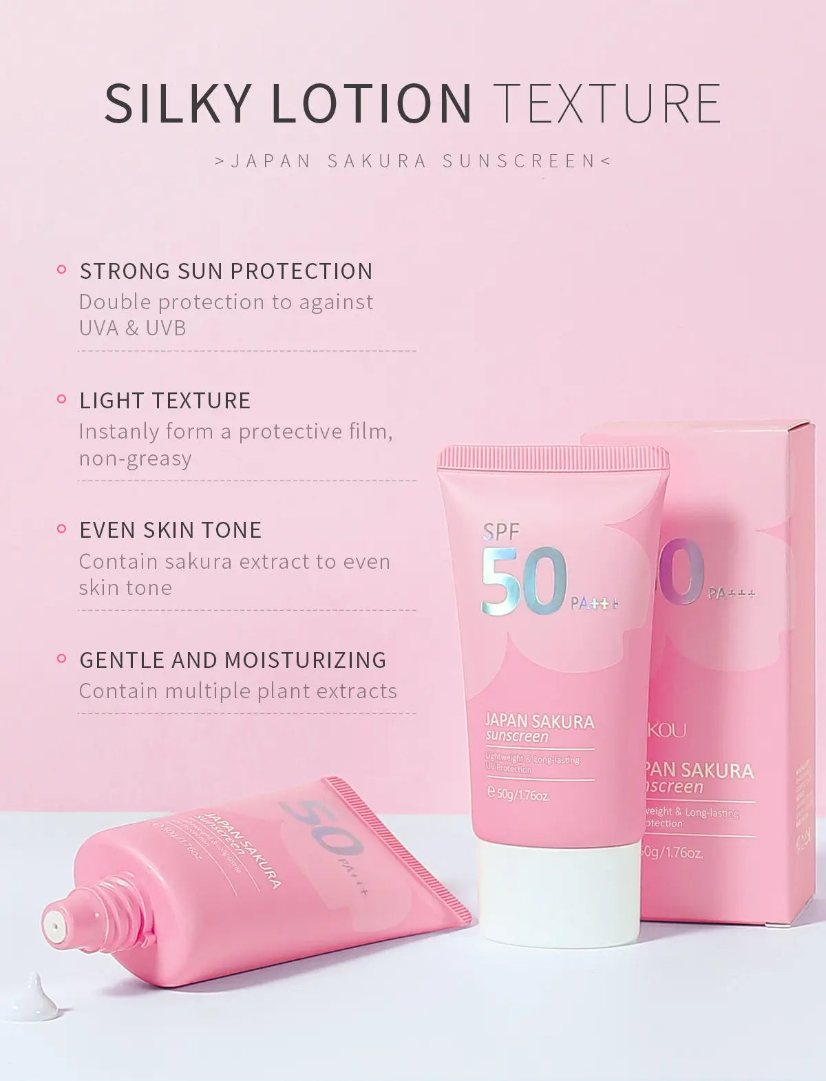 LAIKOU Japanese Sakura Cherry Blossom Moisturizing Whitening Sunscreen 50g, SPF: 50+ and PA+++ - Buy 3 Pay For 2