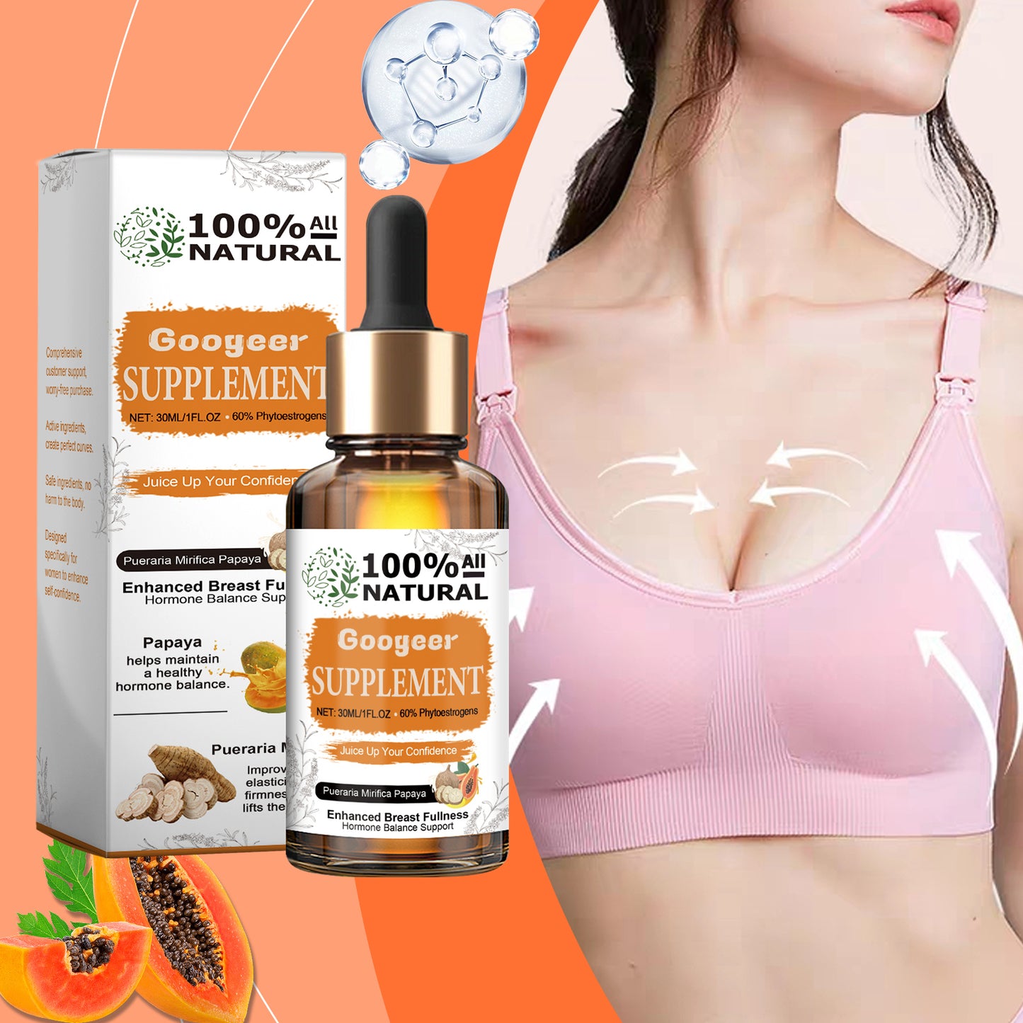 Googeer Pueraria Mirifica Papaya Supplement - Breast Fullness, Skin Health, Boosts Energy Levels, Hormone Balance