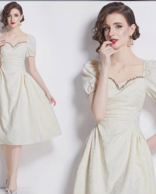 White Puff Sleeve Dress Square-neck Cinched Medium Length