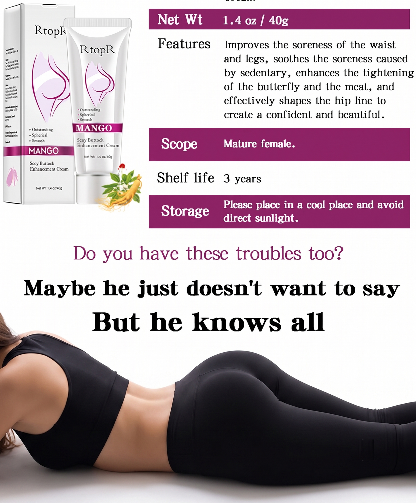 RtopR Premium Mango Sexy Buttock Enhancement Cream - Advanced Active Ginseng & Tocopherol Booty Toning Formula (40g)