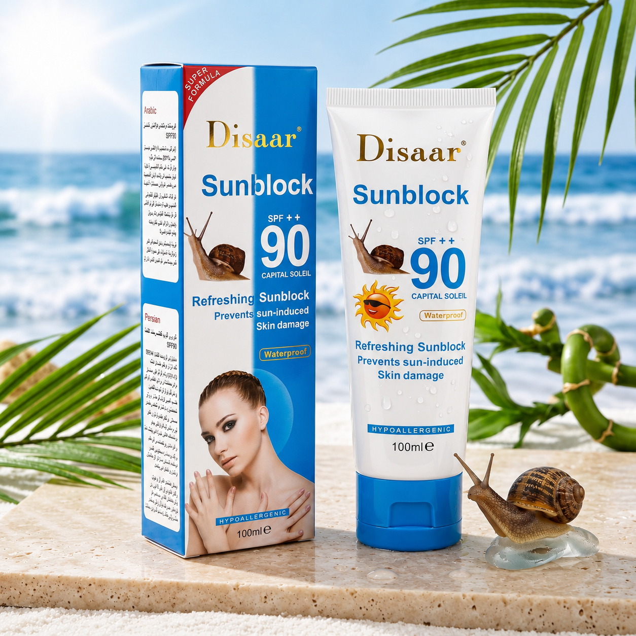 DISAAR Sunscreen Moisturizer for Sensitive Skin, Antioxidant, Snail and Ostrich Extract SPF 90+ Anti-UV - 100g - Buy 3 Pay 2